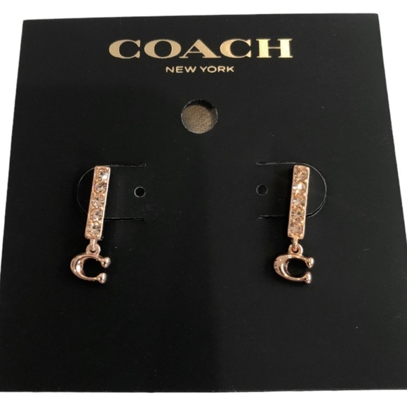 COACH Signature Rose Gold Pave Bar Stud Earrings NWT - Picture 2 of 7